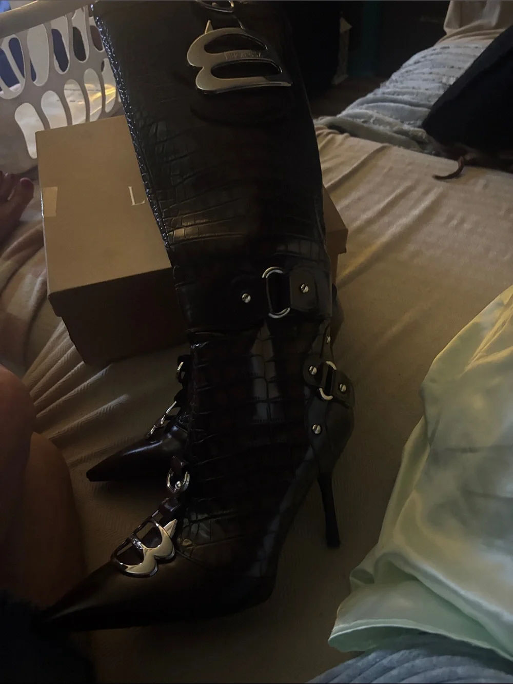 Pointed Black Over-the-Knee Boots with Buckle Accents